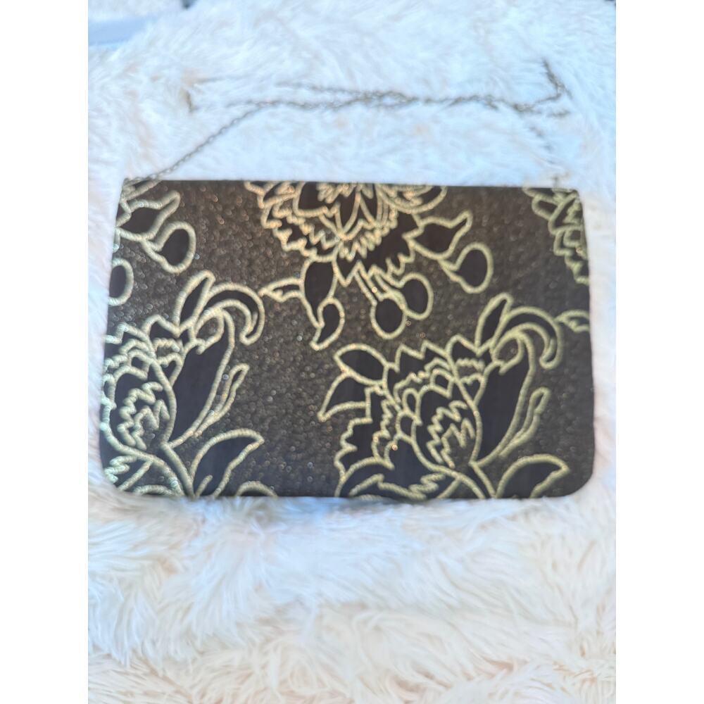 Terramina Brown Material Gold Metallic Embroidery Floral Pattern Envelope Purse - Picture 2 of 9
